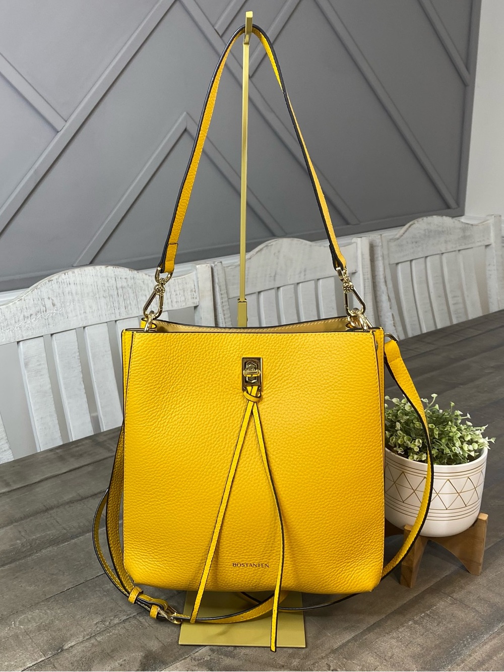 BOSTANTEN Yellow Pebbled Leather Bucket Hobo Bag Crossbody Shoulder Purse